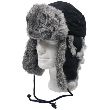 Čepice Ušanka textilní s králičí kožešinou černá